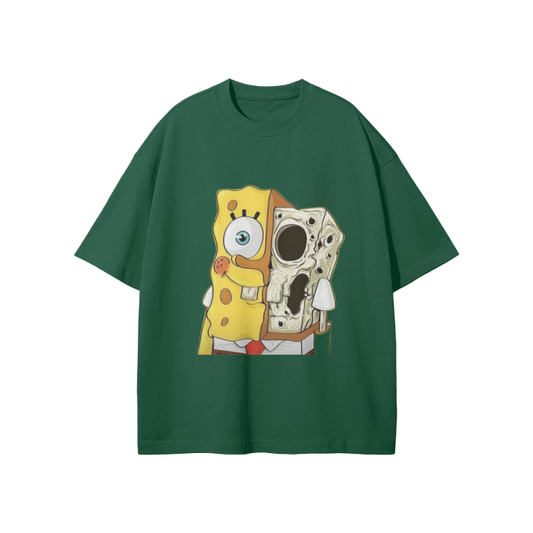 SpongeBob and Skull split-face graphic tee